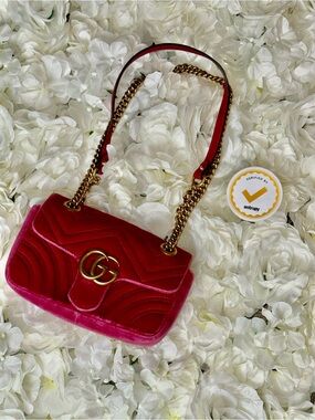 Gucci Pink Velvet GG Marmont Matelasse Shoulder Bag with Gold Chain
